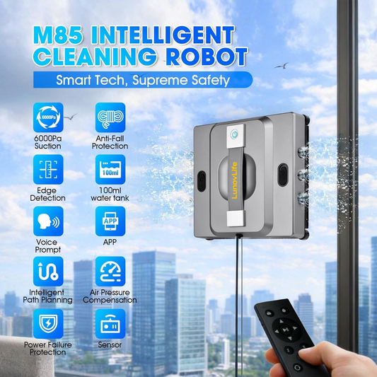 M85 Window Cleaning Robot - 6000PA Strong Suction Compact Robot, 6-Way Spray & Wet Wiping, Auto Edge Detection, 4 Cleaning Modes, Smart Path Planning, Suitable for High-Rise Glass/Tiles